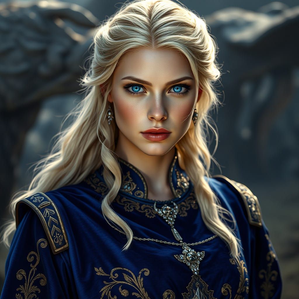 Regal Medieval Woman in Cobalt Blue Velvet Gown