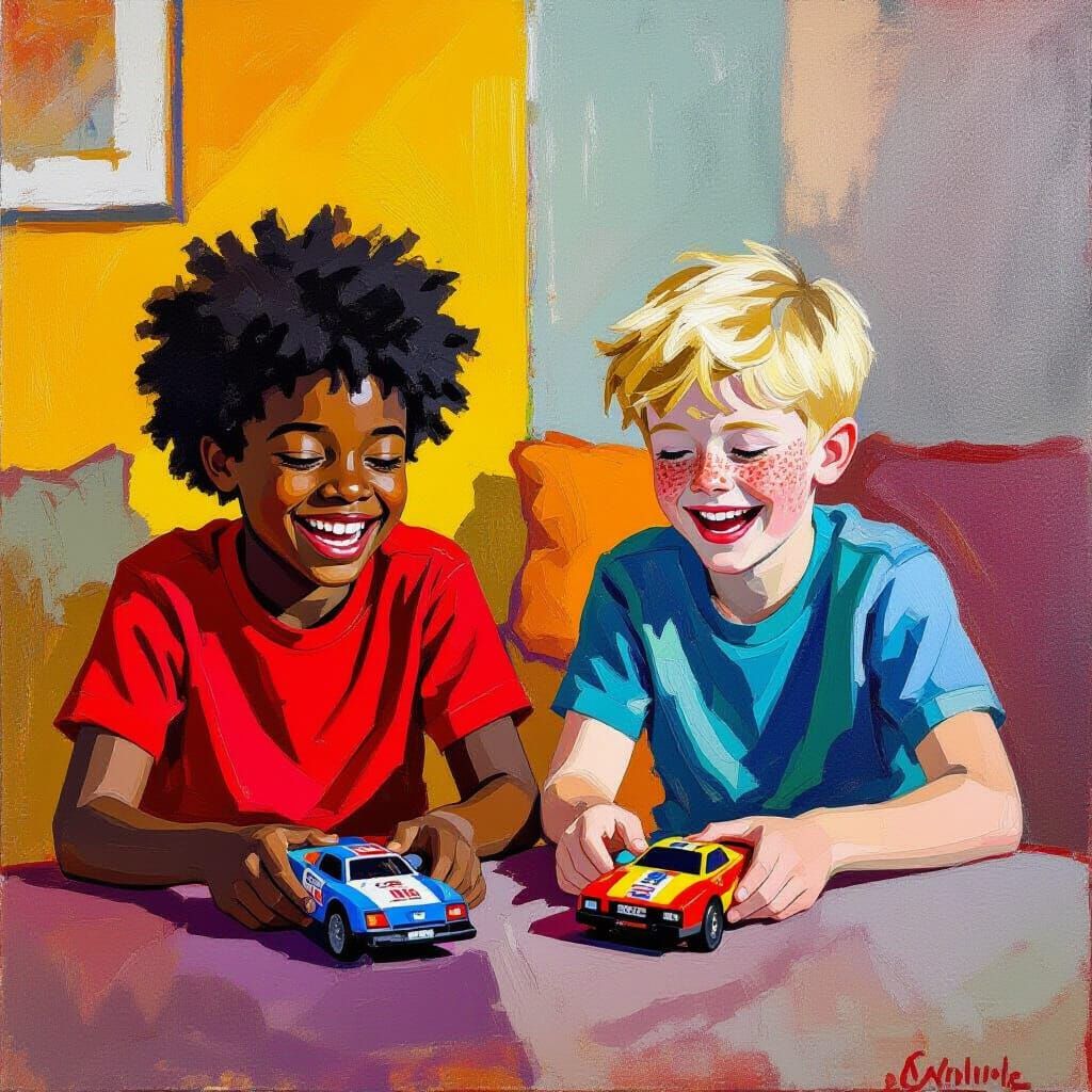 Boys Play Scalextric in Neo-Impressionistic Style