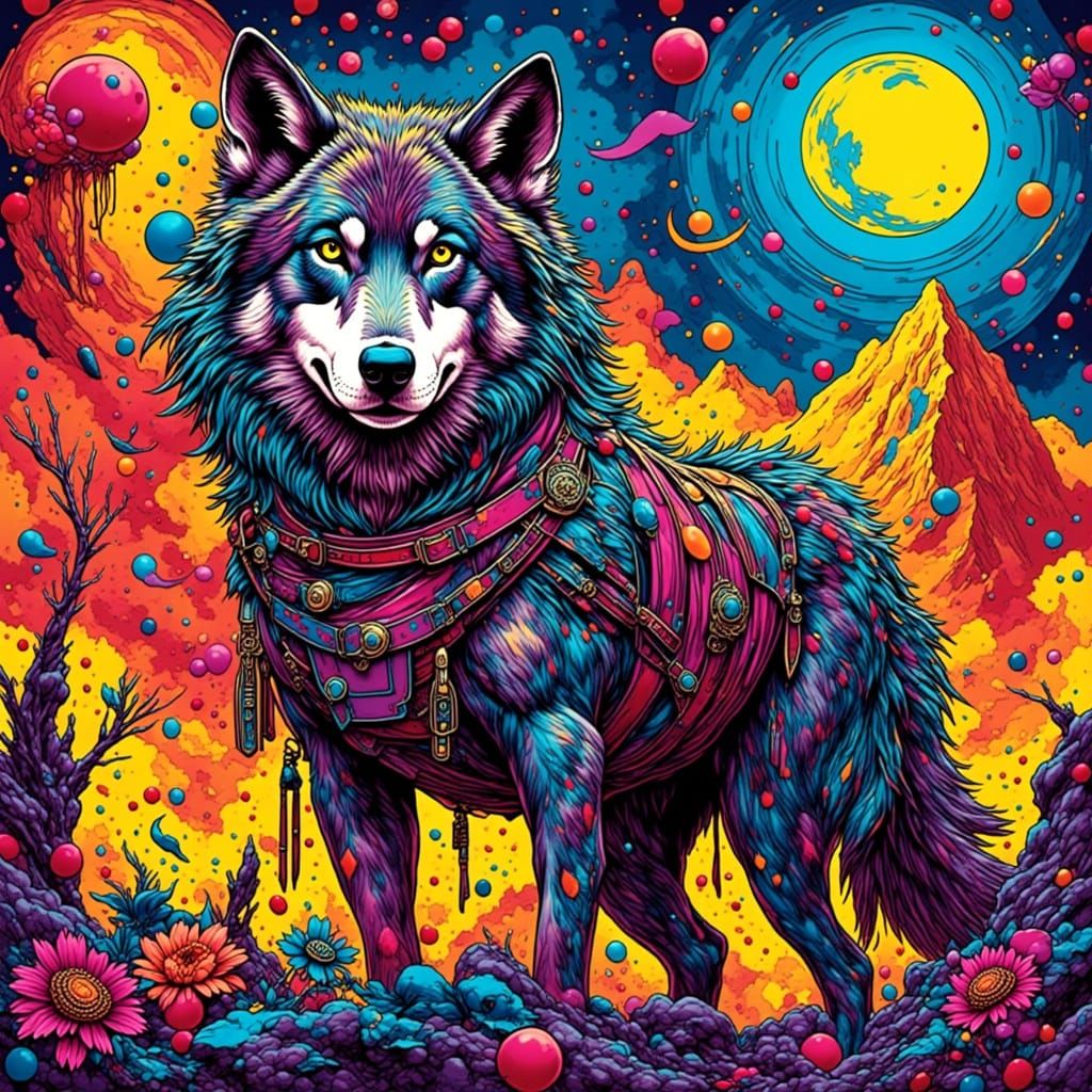 Wolf in Vibrant Pop Art Landscape