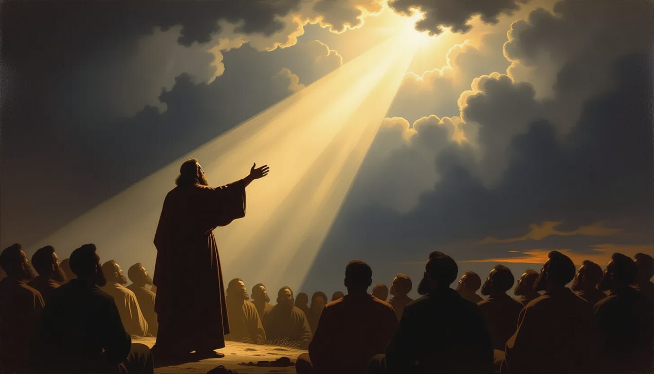 Prophet Speaking Under Stormy Sky with Divine Light