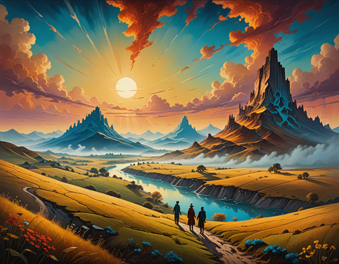 Surreal Landscape with Two Figures under Vibrant Skies