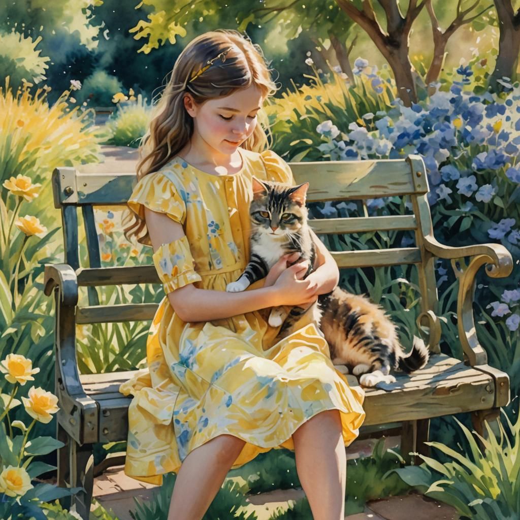 Girl and Cat in Impressionist Watercolor Garden