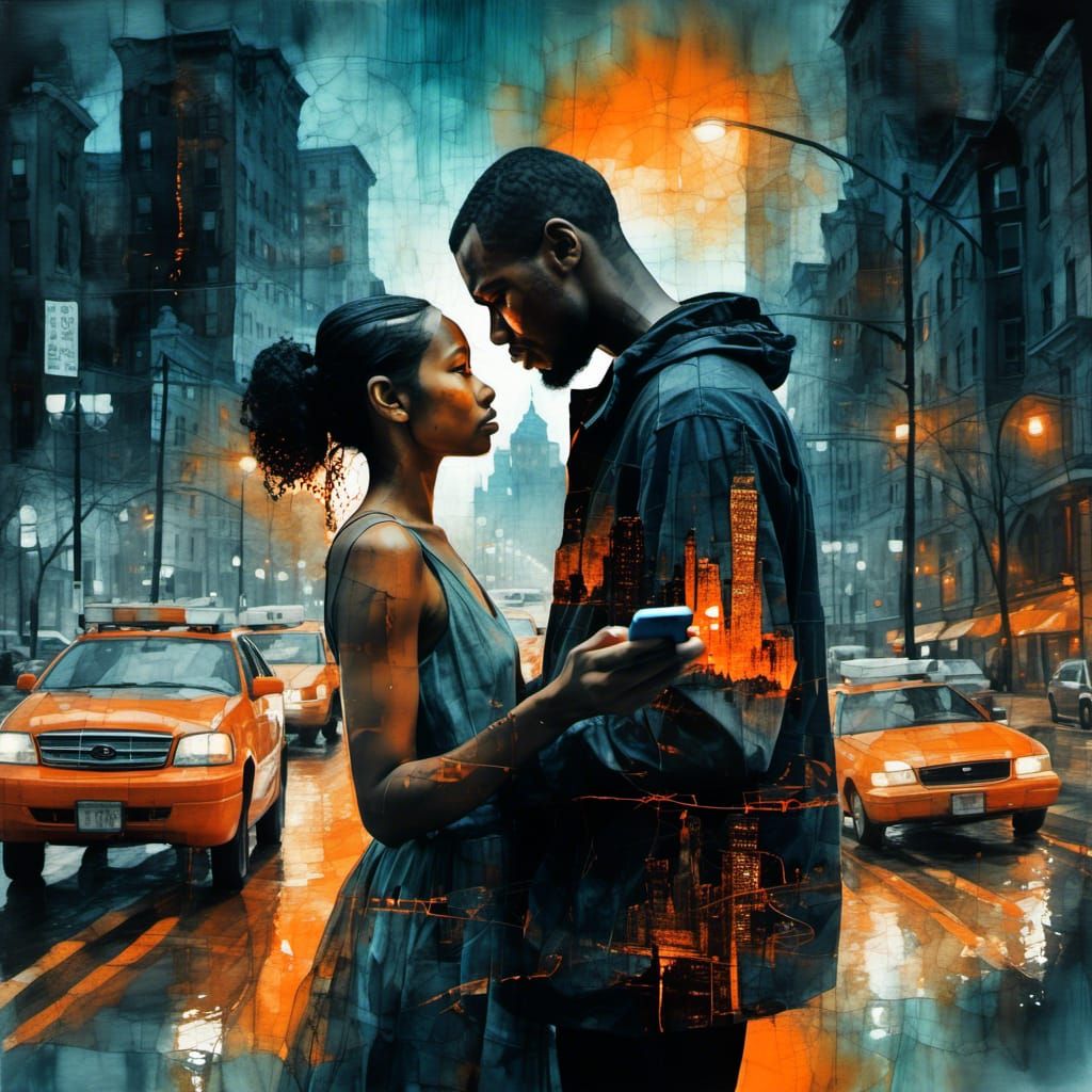 Surreal Double Exposure: Lovers in City at Night