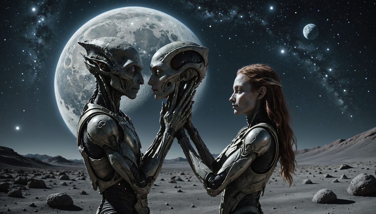 Alien Lunar Embrace Under Starry Sky