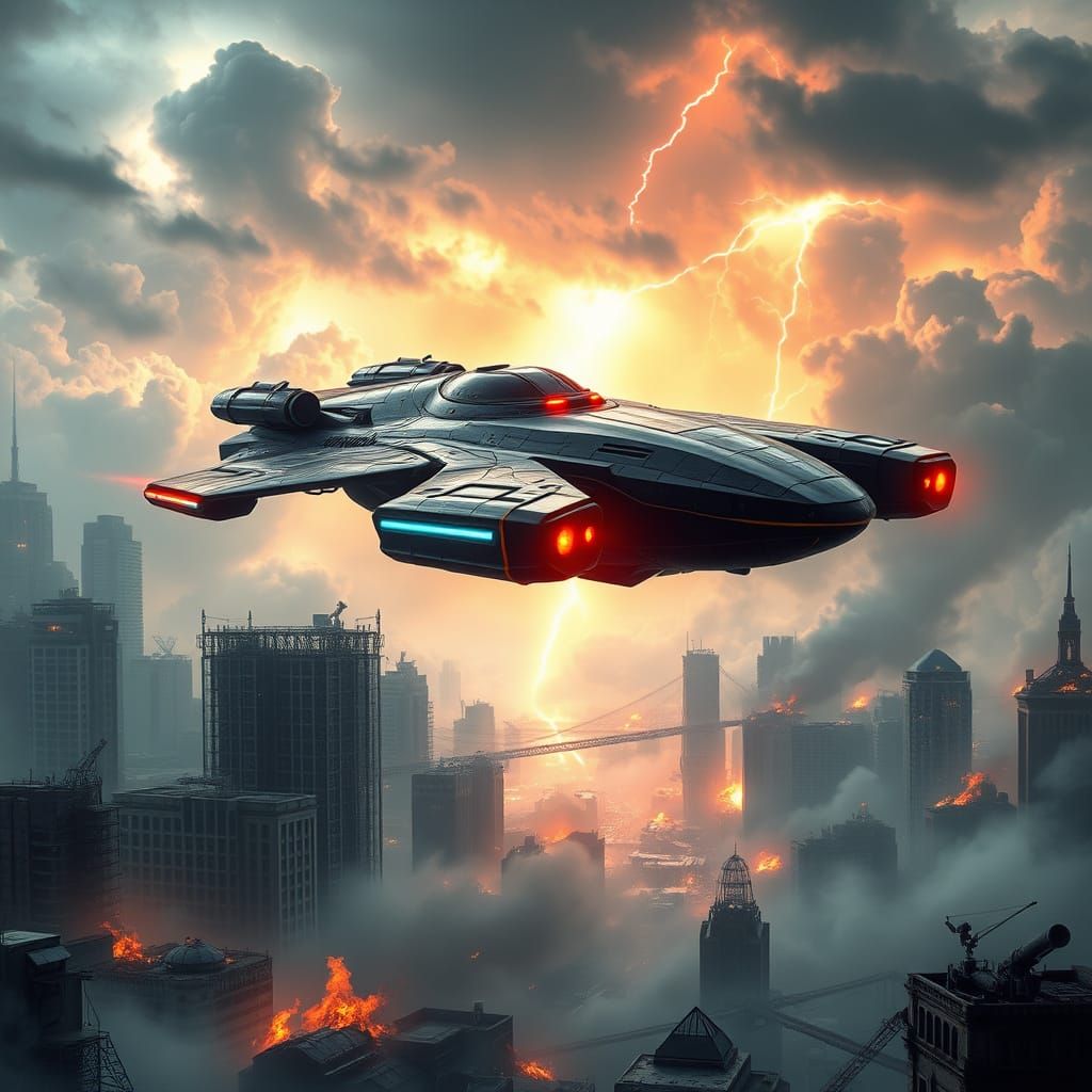 Cyberpunk War Machine Soars Through Dystopian Skies