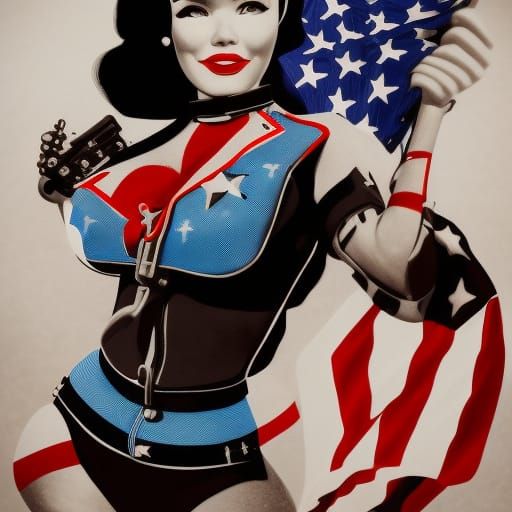 Bettie Page Biker with Blue Motorcycle in Sci-Fi Style