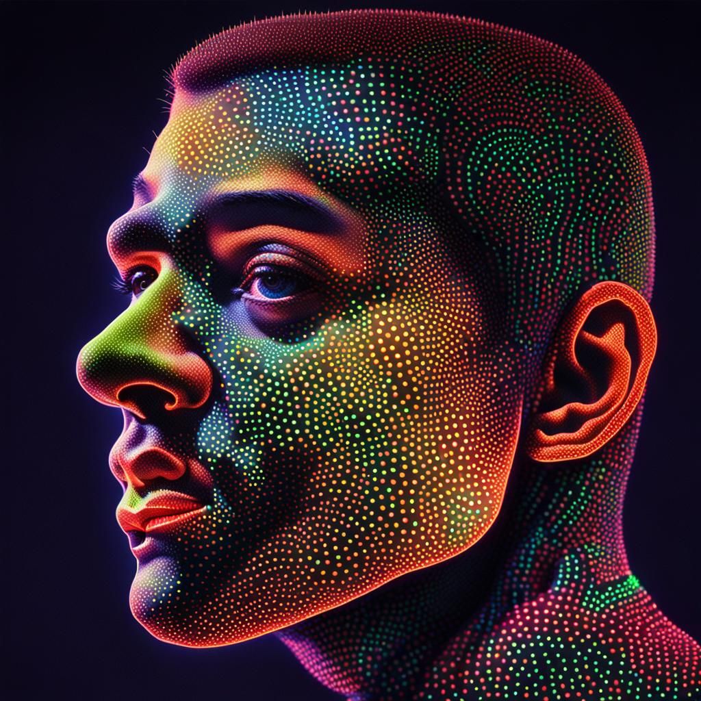 Hyperdetailed Kinetic Pointillism Neon Face