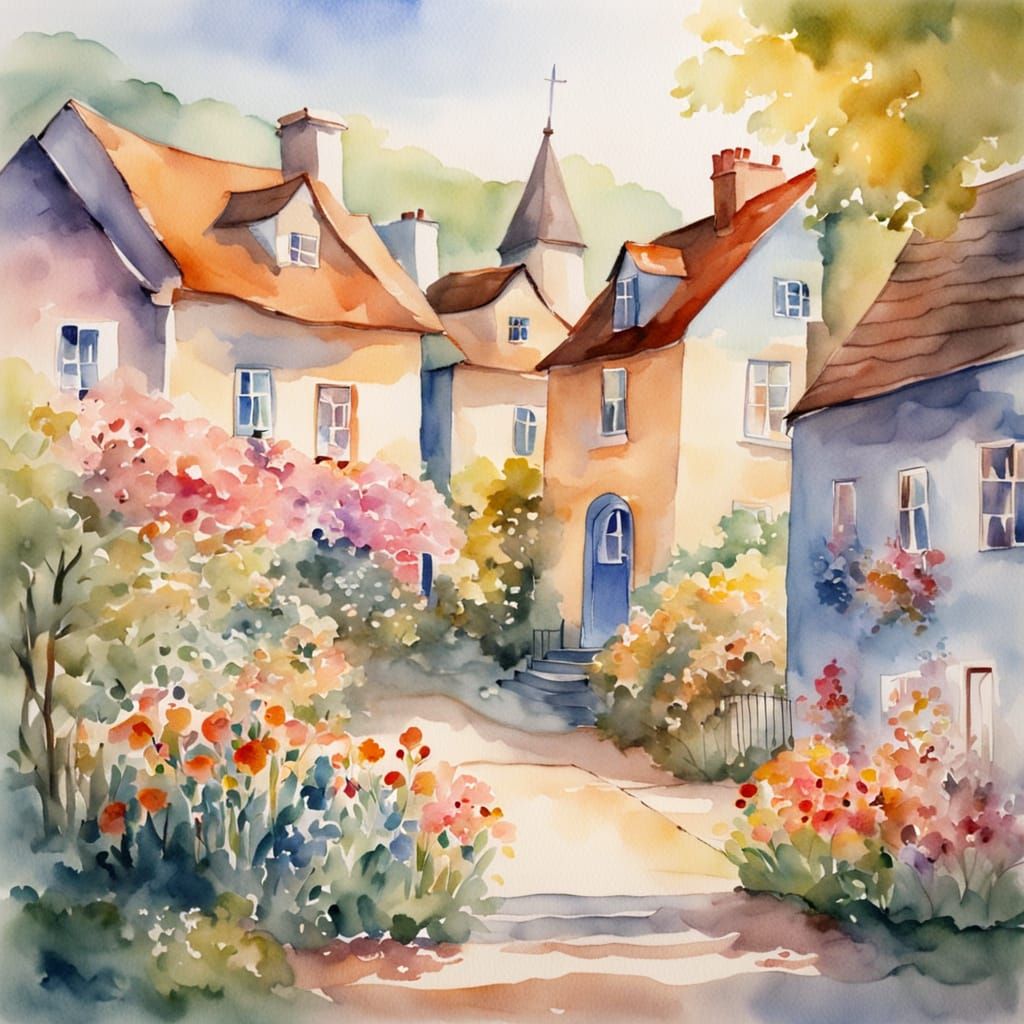 Whimsical Watercolor Village Scene with Pastel Colors and So...