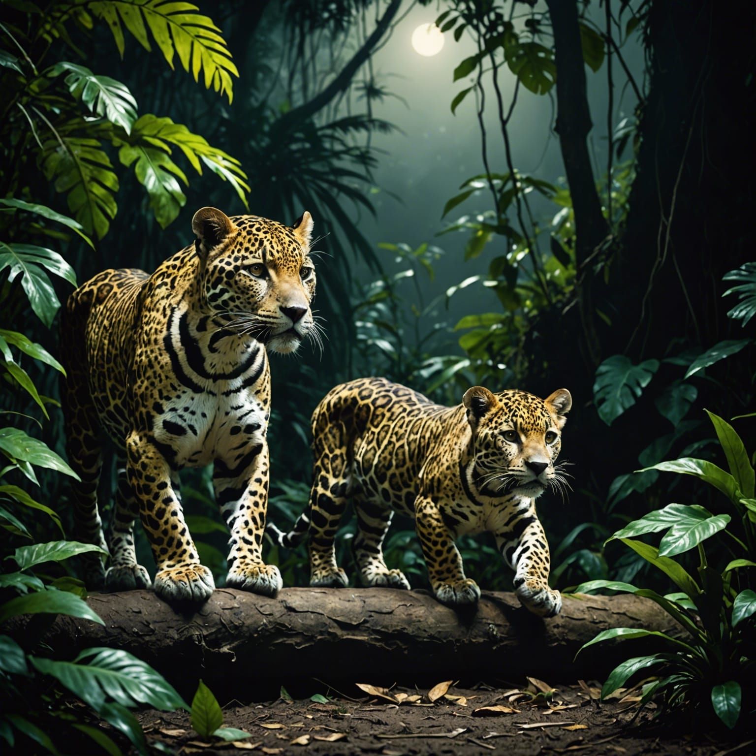 Jaguar Cubs Await Mother in Moonlit Jungle