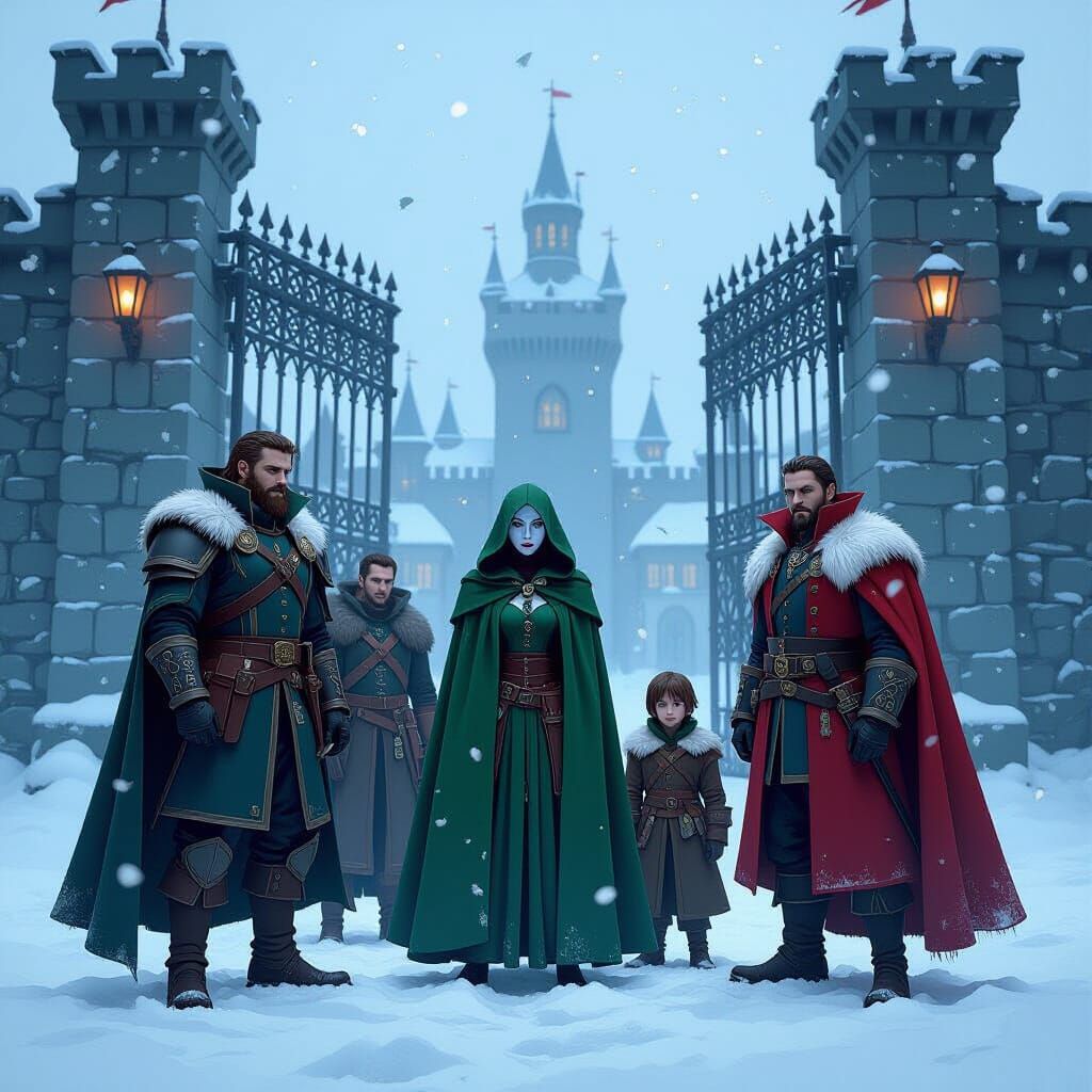 Fantasy Fellowship Before Kislev Gates in Anime Style