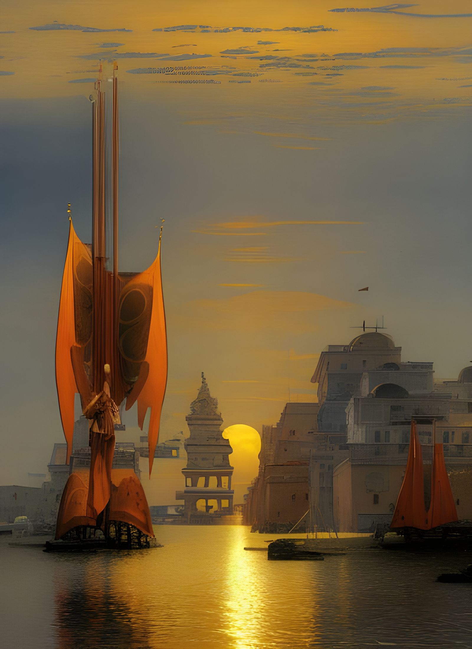 Colossal Warrior Sculpture at Sunset: Ethereal 3D Render