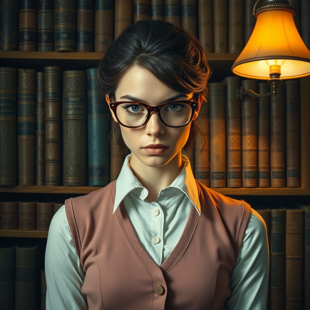 Hyperrealistic Portrait of Woman with Bookcase