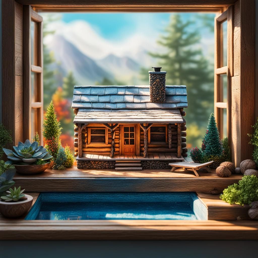 Hyperrealistic Miniature Log Cabin with Pool