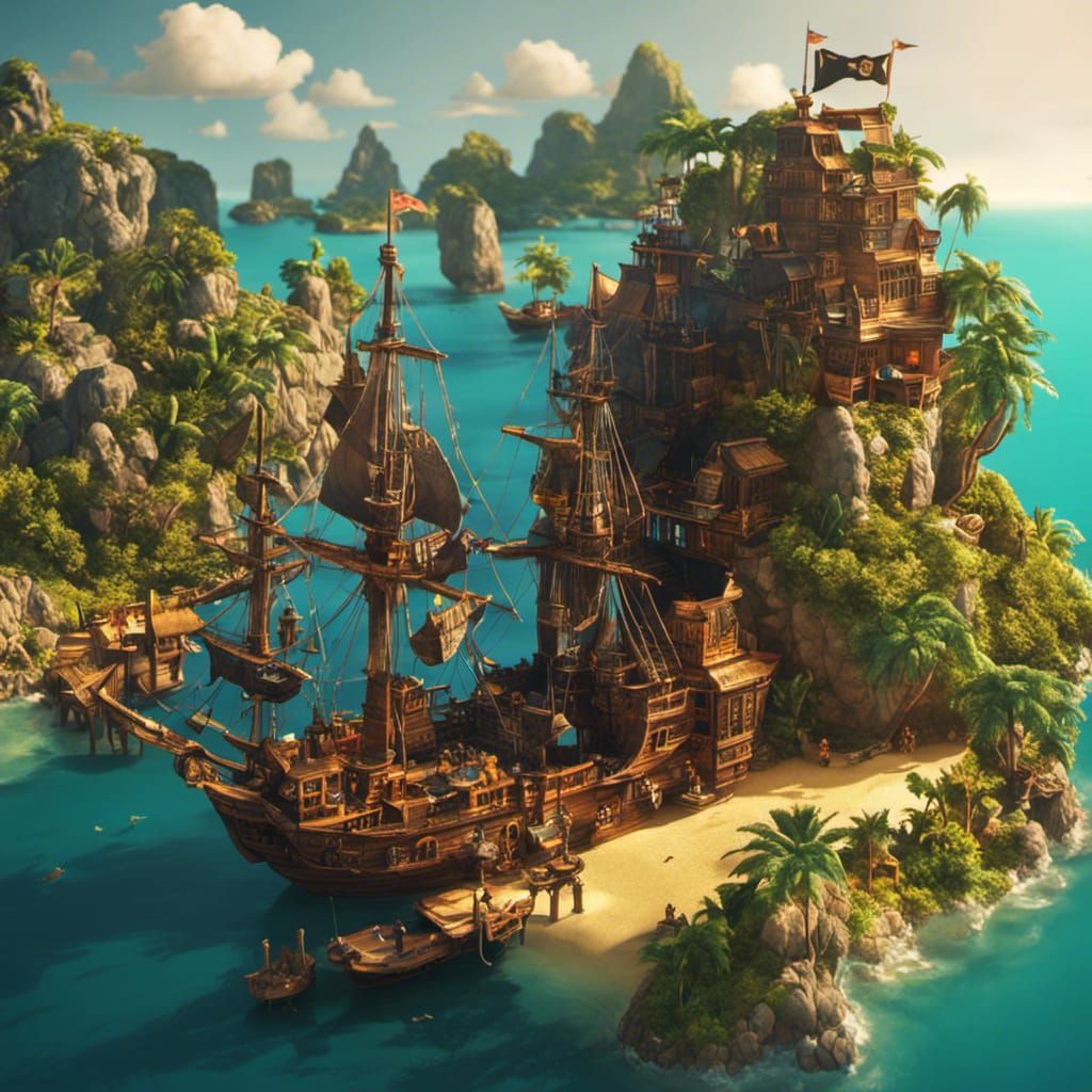 Fantasy Pirate Island and Toy Ship in Retro Style