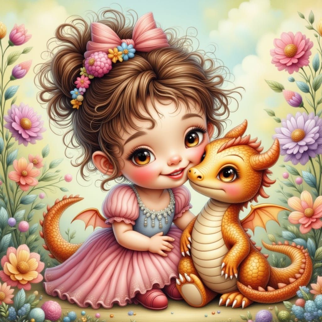 Toddler and Dragon Best Friends in Sanrio Cartoon Style