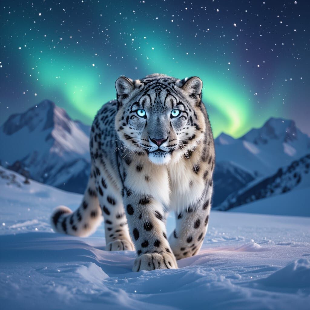 Snow Leopard in Aurora Borealis, Woven from Starlight