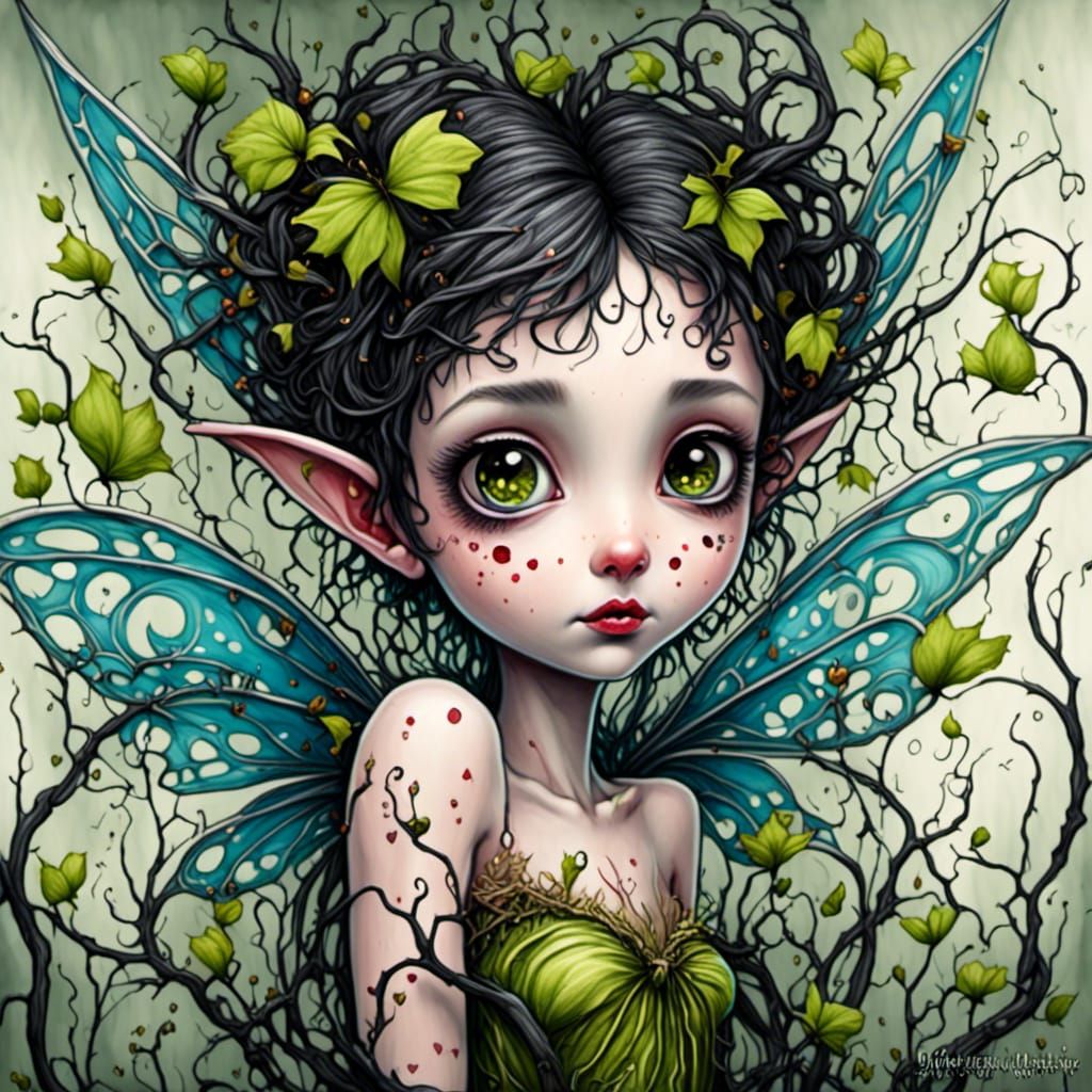 Whimsical Tinkerbell Portrait in Ink Linework Style