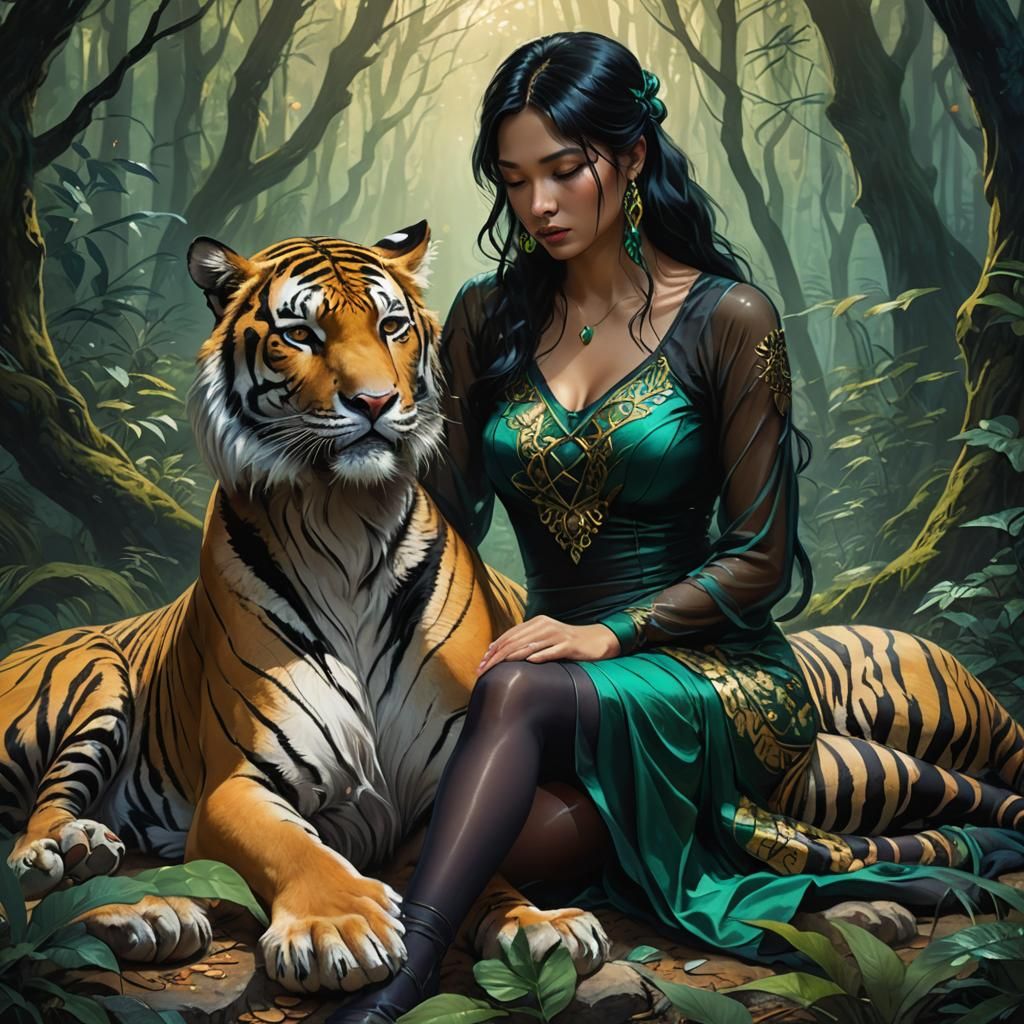 Woman and Tiger in Mystical Forest, Dark Fantasy Art