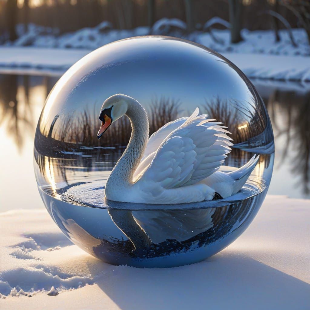 Swan Reflection in Chrome Sphere at Sunrise