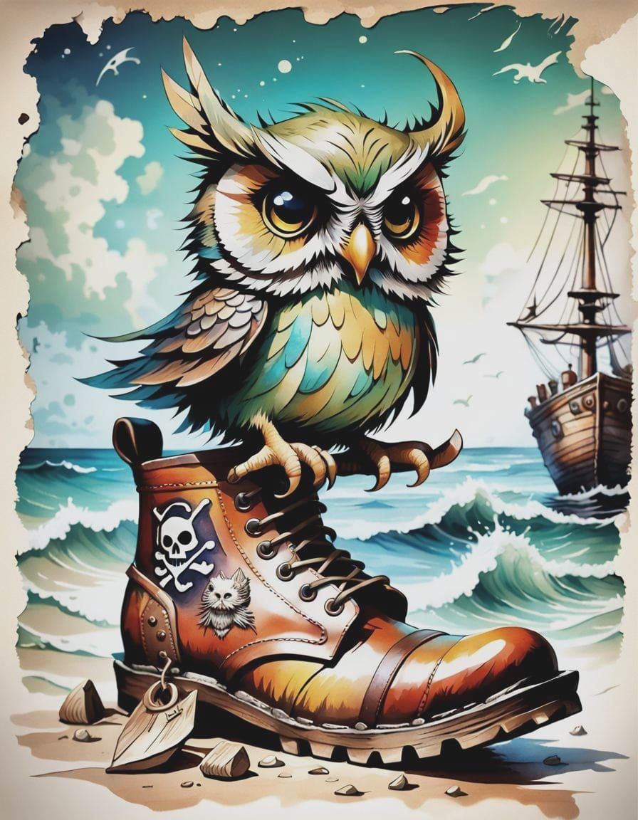 Pixie Owl on Pirate Boot, Watercolor Illustration