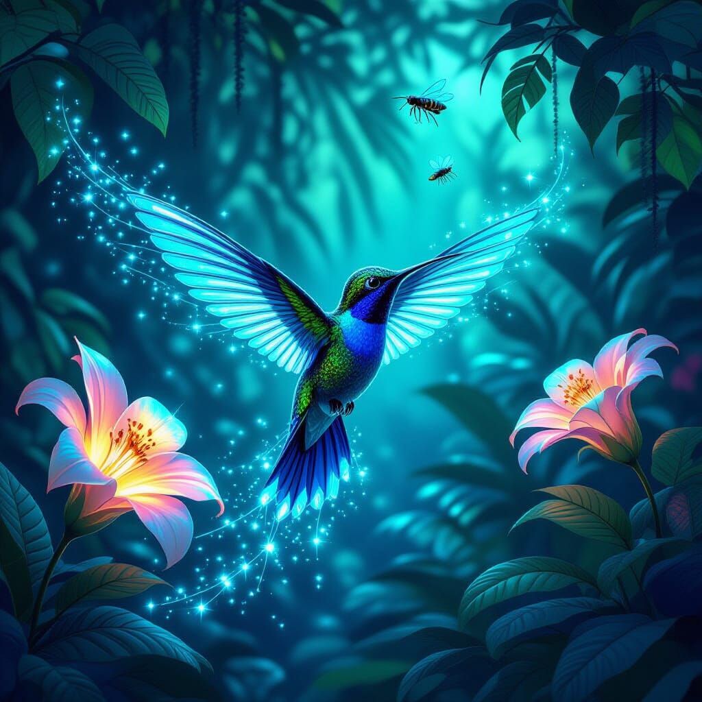 Bioluminescent Hummingbird in Alien Jungle, Digital Art