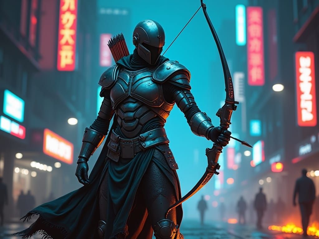 Cyberpunk Warrior with Glowing Bow in Dystopian City