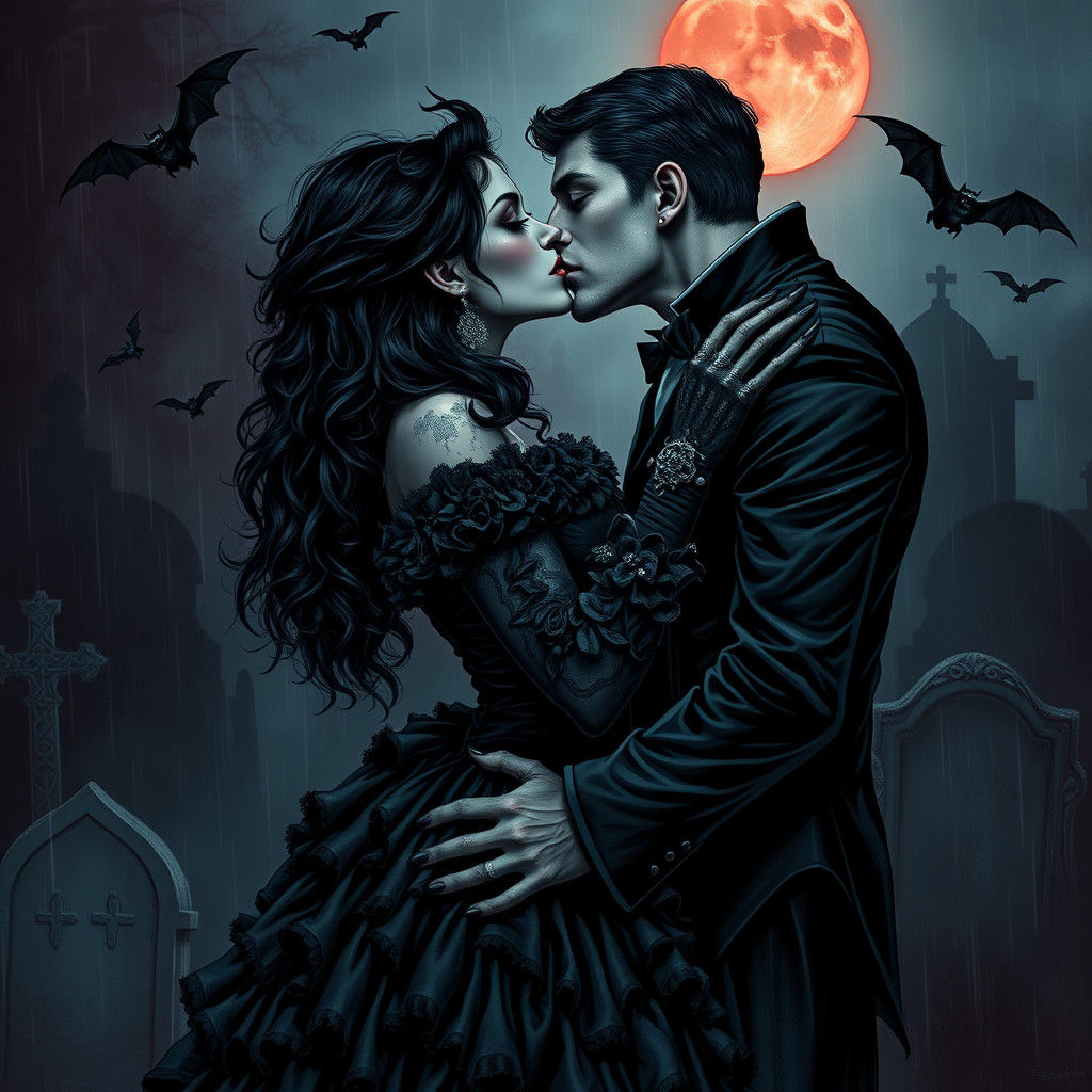 Gothic Couple's Cemetery Kiss in Graffiti Art Style