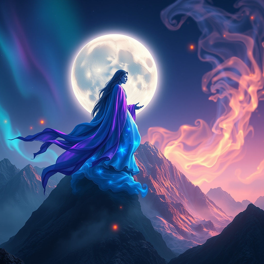 Majestic Moon God in Ethereal Aurora Landscape