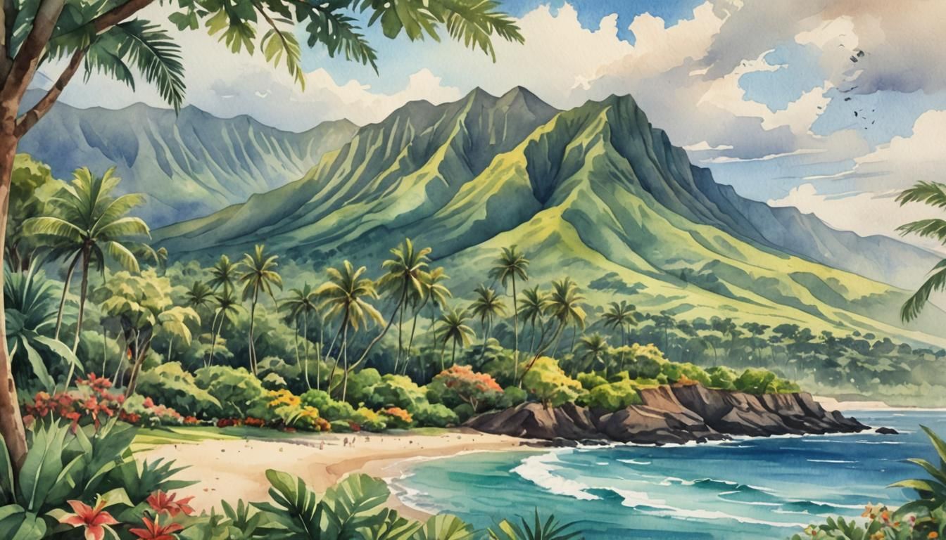 Watercolor Illustration of Maluaka Beach, Hawaii