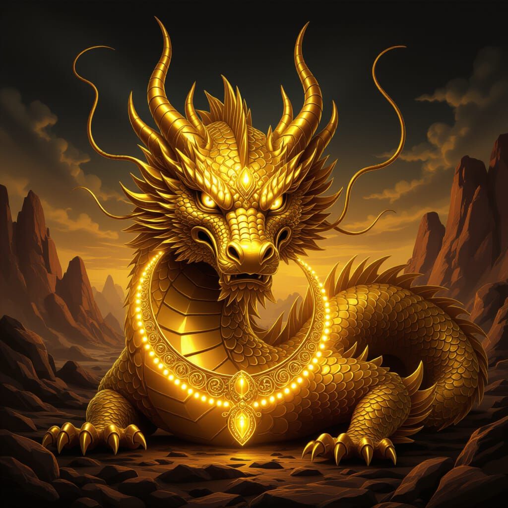 Golden Dragon Portrait in Metallic Neon Style