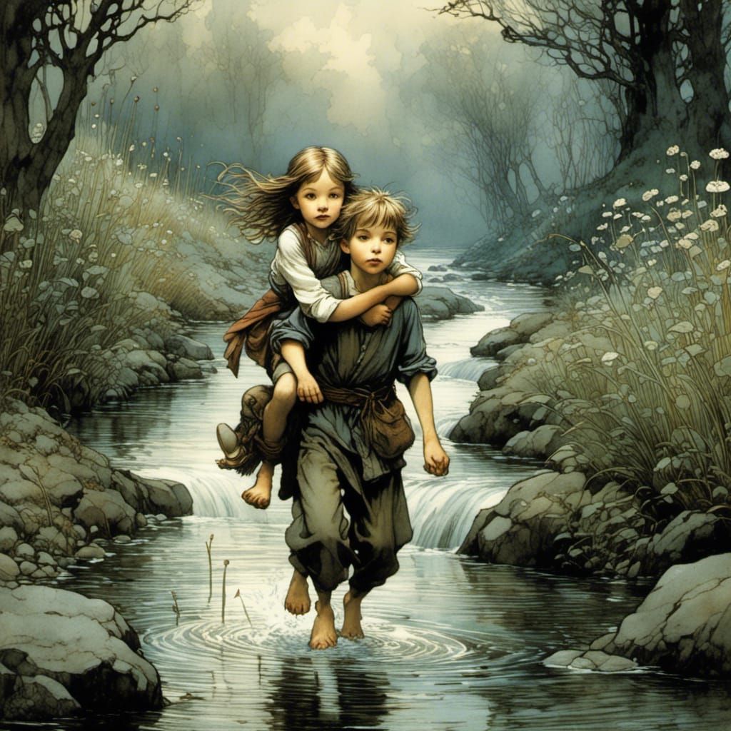 Brother and Sister in Stream, Fantasy Illustration