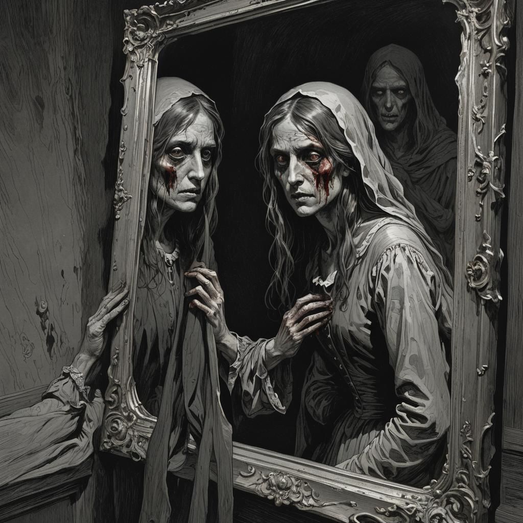 Bloody Woman in Dark Mirror: Horror Art