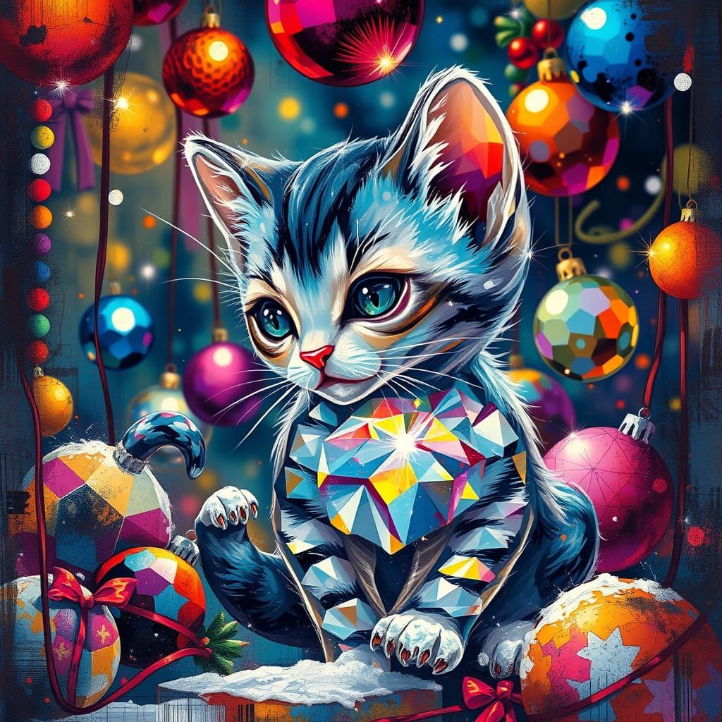 Crystal Kitten in Vibrant Christmas Chaos, Urban Graffiti St...