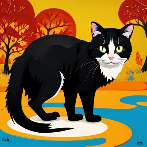 Feral Cat Acrylic Painting with Abstract Fishbones