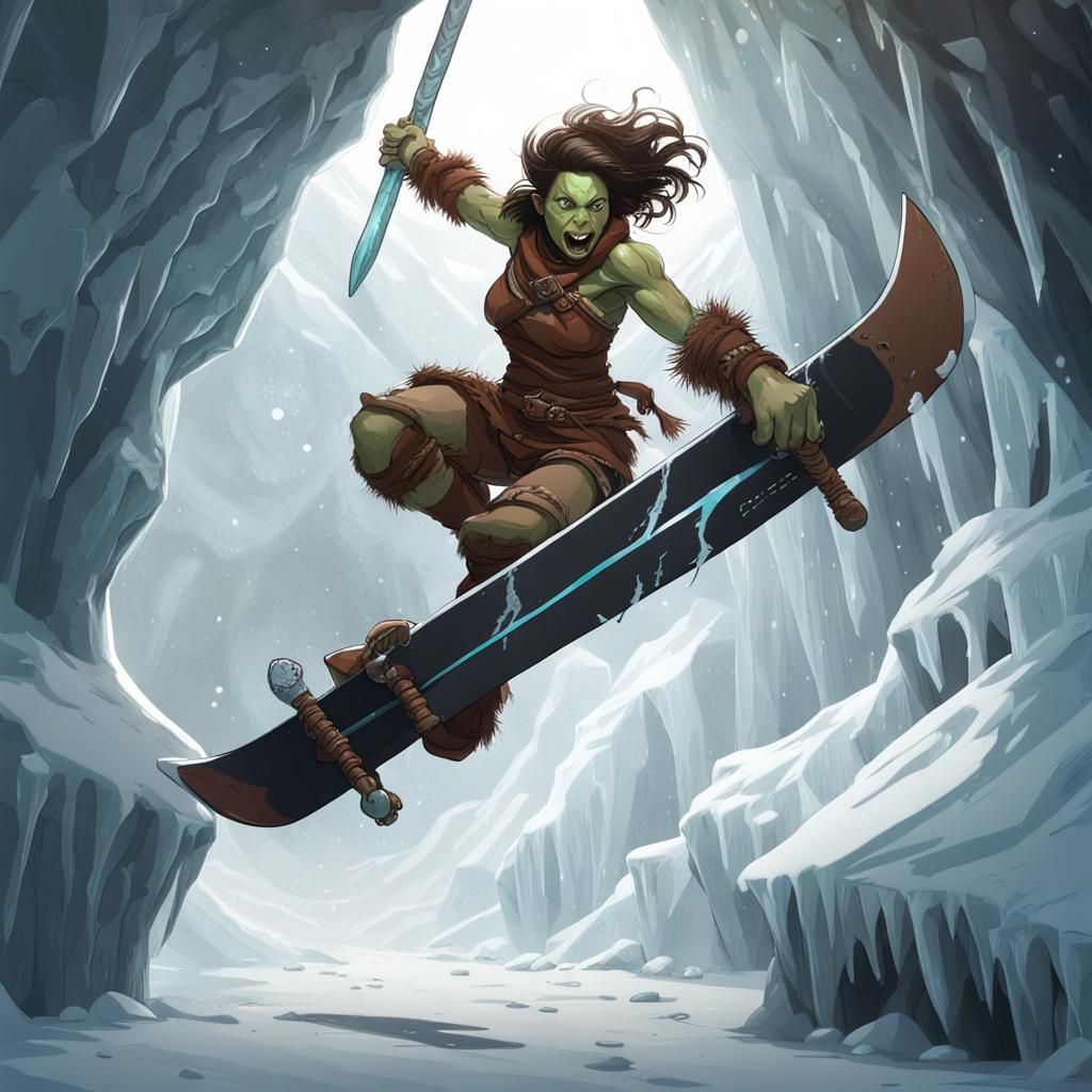 Barbarian Orc Snowboarder Jumps Ravine in Ice Cave