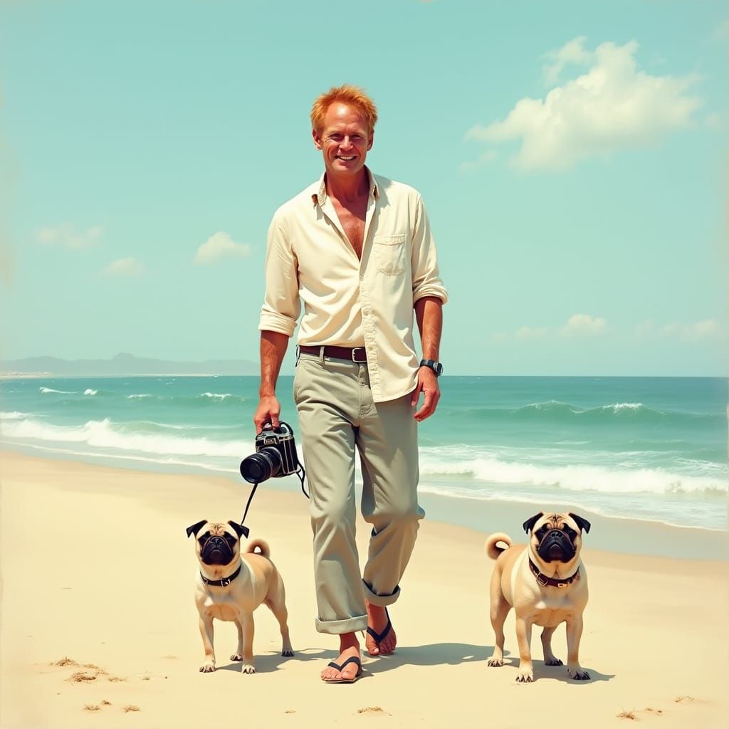 Man with Pugs on Beach in Post-Impressionist Style