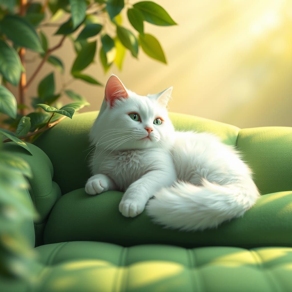 A Peaceful Oil Painting of a White Cat in a Green Oasis