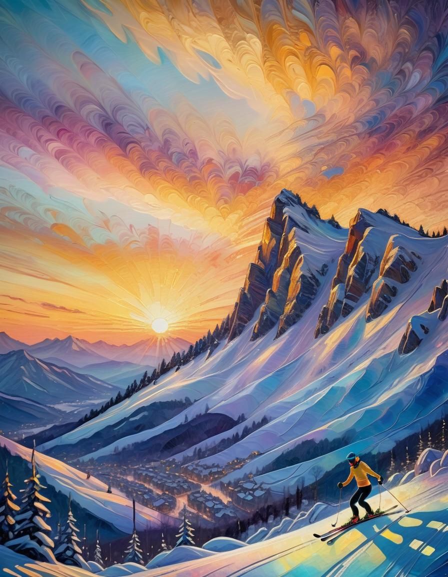 Silhouette Skier at Winter Sunset in Watercolour Style