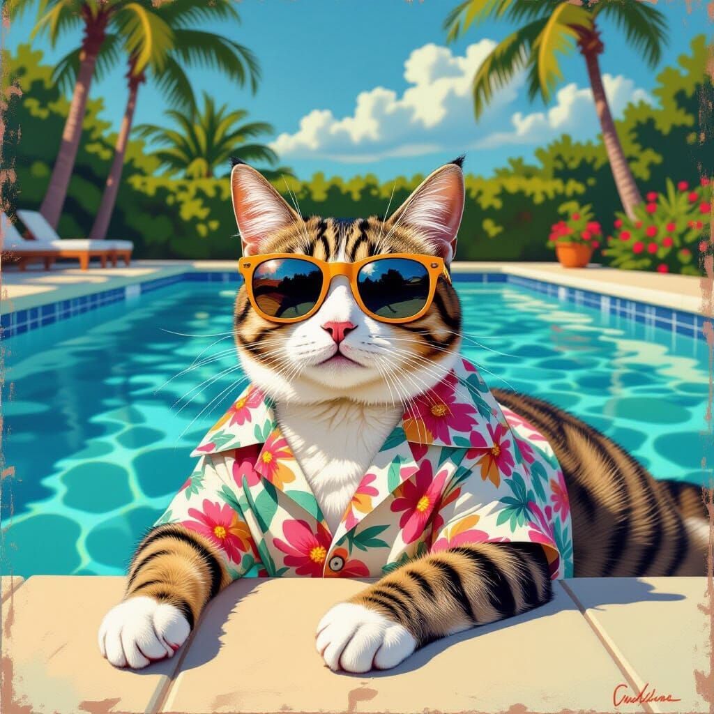 Cat Lounging Poolside in Pop Art Style