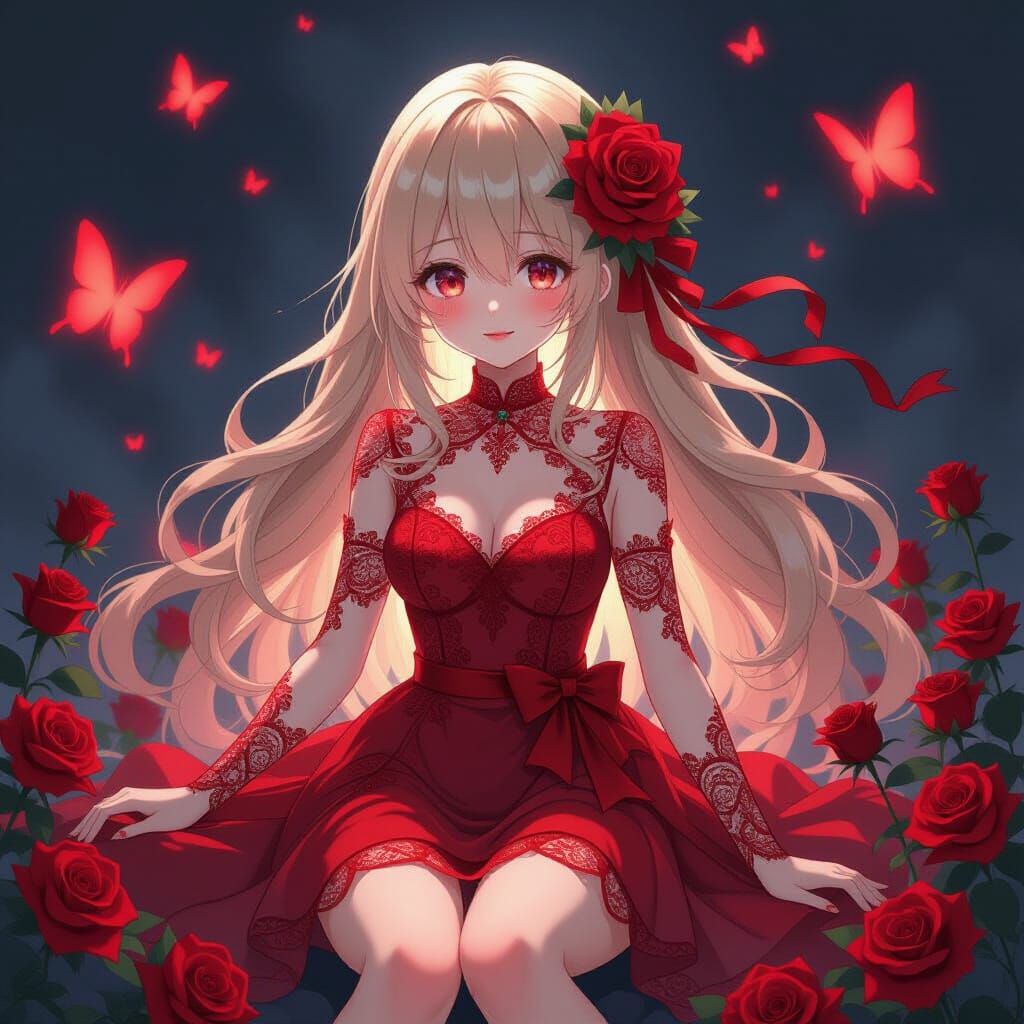 Anime Girl in Red Dress with Roses