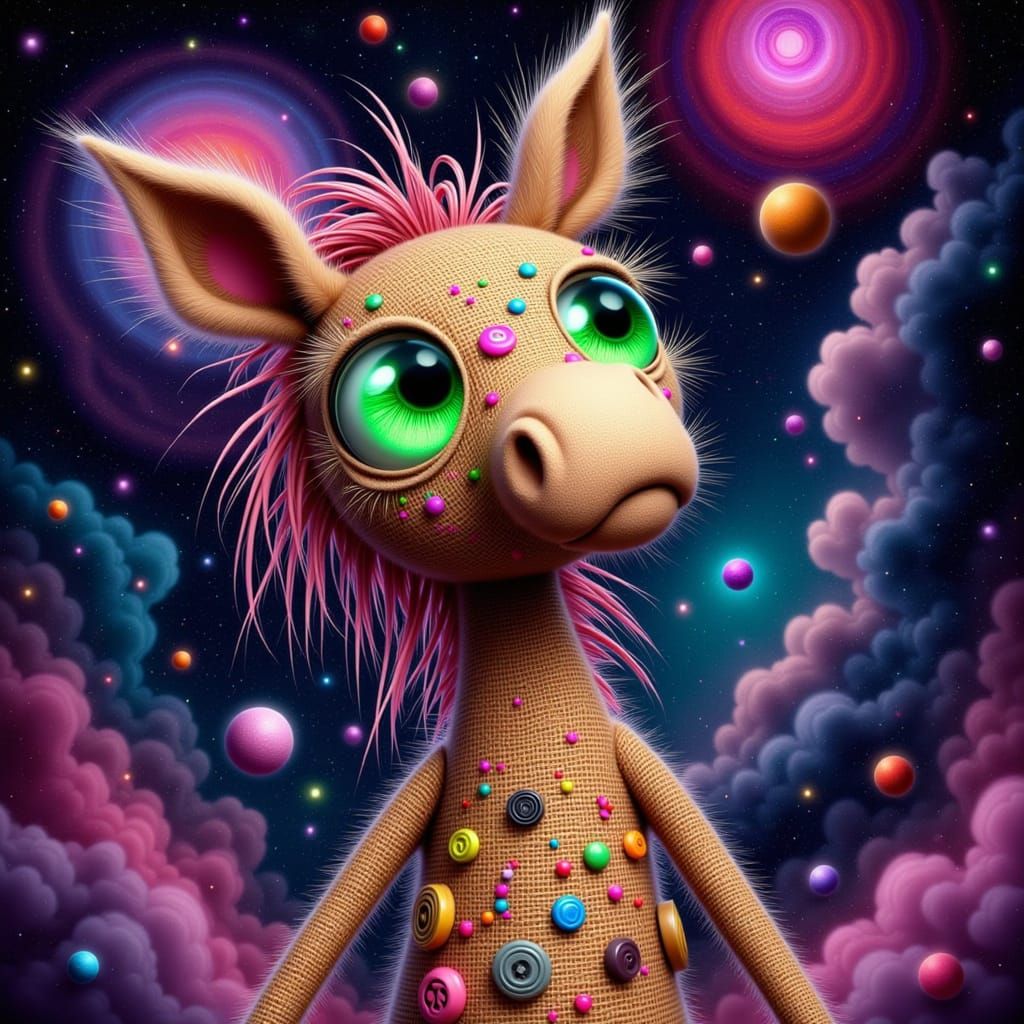 Voodoo Zebra Doll in Retro-Futuristic Cosmic Scene