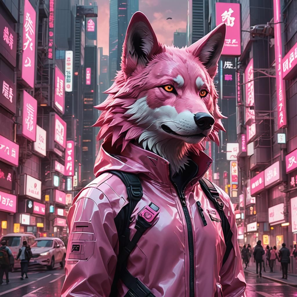 Pink Anthropomorphic Wolf Portrait in Futuristic City