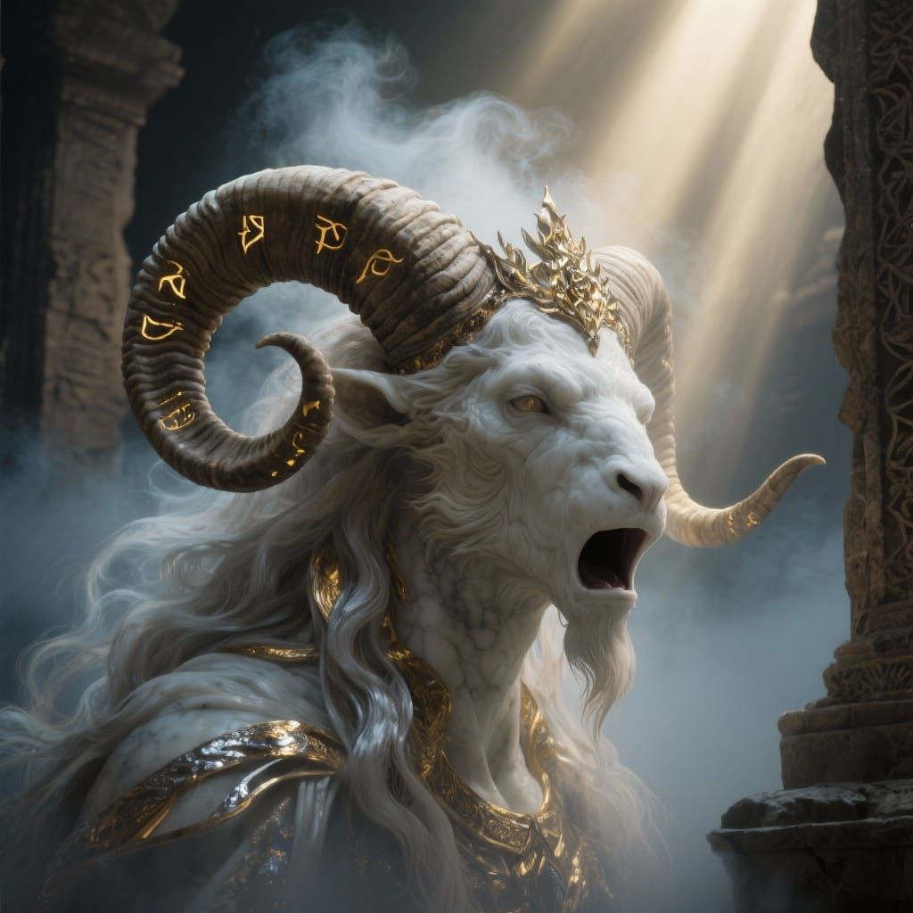 Dark Fantasy Horned Deity Portrait in Ancient Mist
