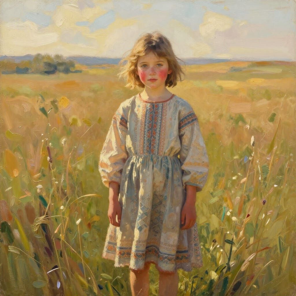 Girl in Sunlit Steppe Pastoral Tranquility
