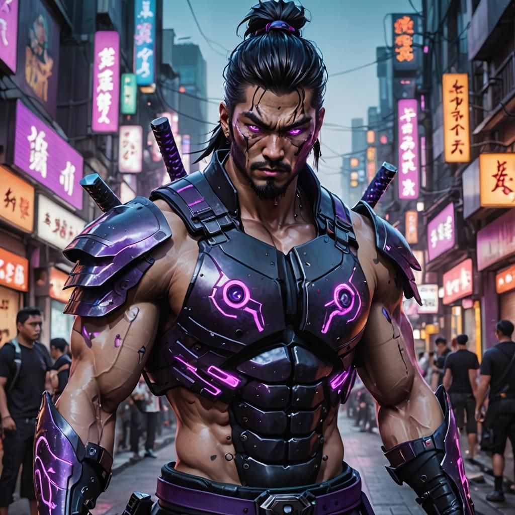 Cyberpunk Street Samurai with Cybernetic Enhancements