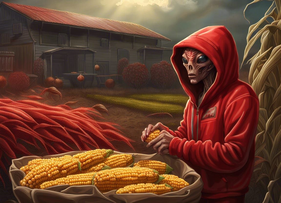 Alien Purchases Corn at Farmers Market: Hyperrealistic Art