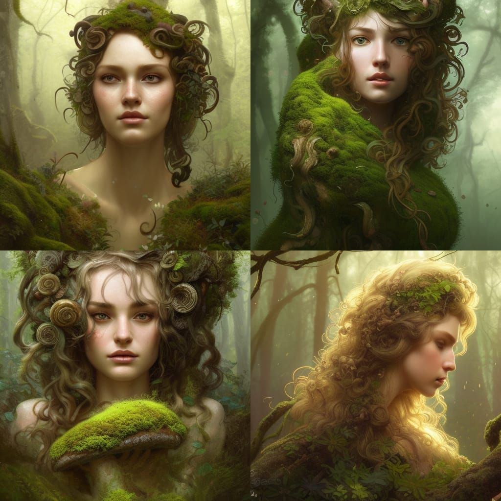 Moss-Adorned Forest Goddess Portrait in Hyperdetailed Style