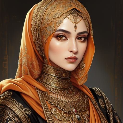 Ornate Baroque-Punk Woman with Hijab in Oil Painting Style