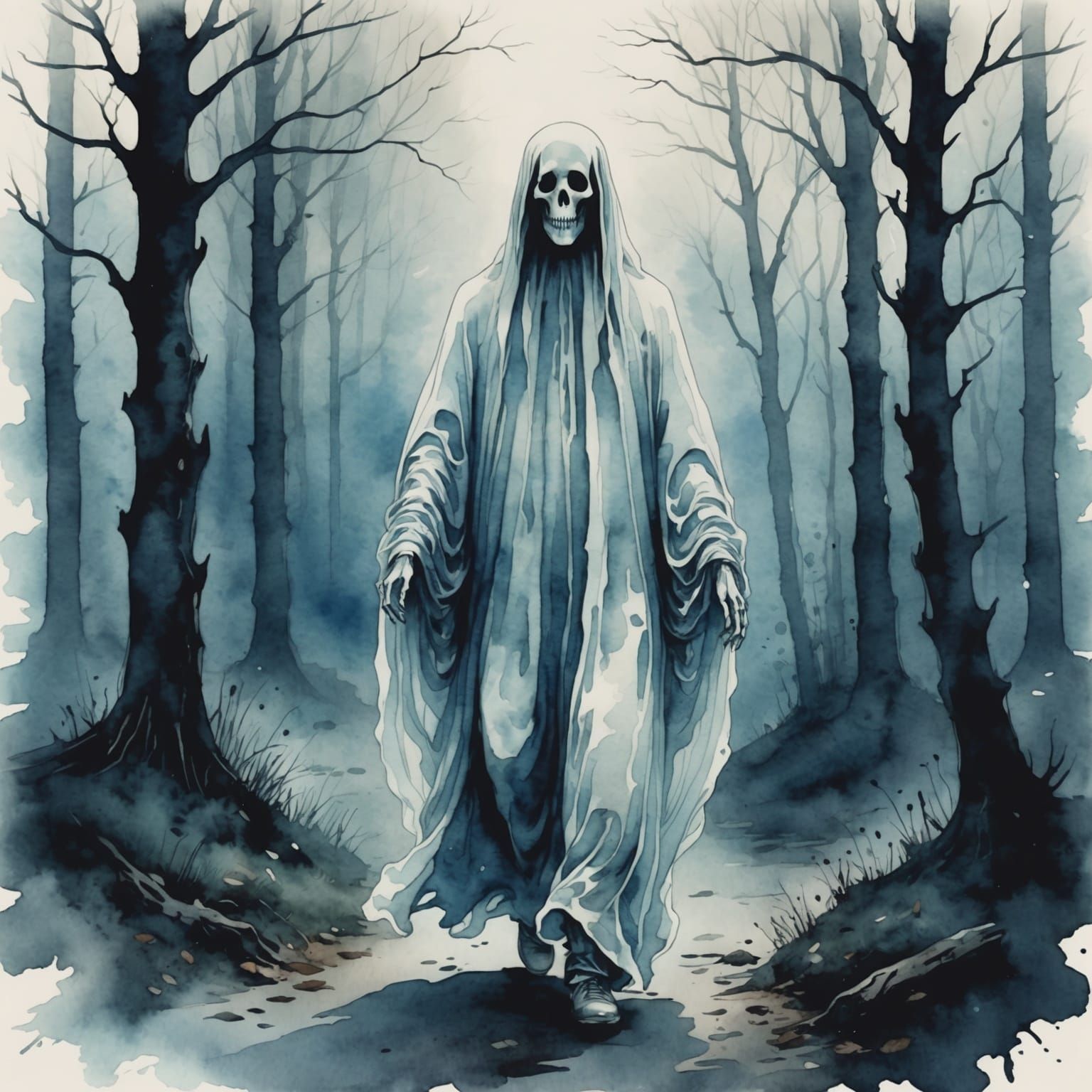 Ethereal Ghostly Figure in Watercolor Forest