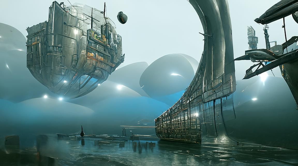 Futuristic Airship Loading Dock in Cyberpunk Style